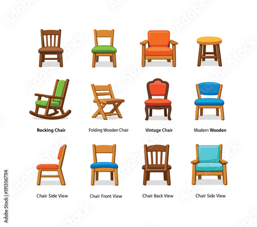   Wooden Chair. Colorful flat vector icons set of Wooden Chair: classic wooden chair, dining chair, armchair wooden, stool chair, rocking