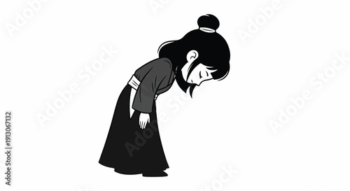 Sad anime girl in traditional Japanese clothing bowing her head in despair, illustration