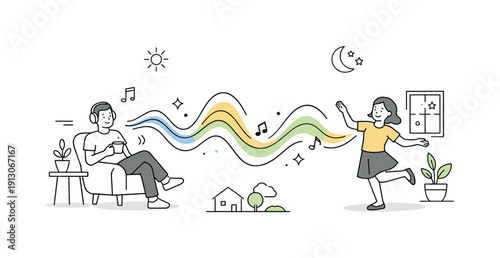    Music playing unseen as a metaphor. A simple scene where sound waves connect objects or space without any speakers or instruments shown.