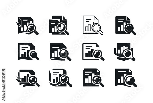 Reviewing financial statements. Icon set. Set Logo of Reviewing financial statements: bar chart report. harmonious logo variations of the