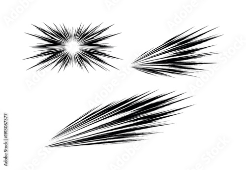   Comic halftone speed lines effect, a single speed motion effect object presented in straight-on front view, slight angled view, and