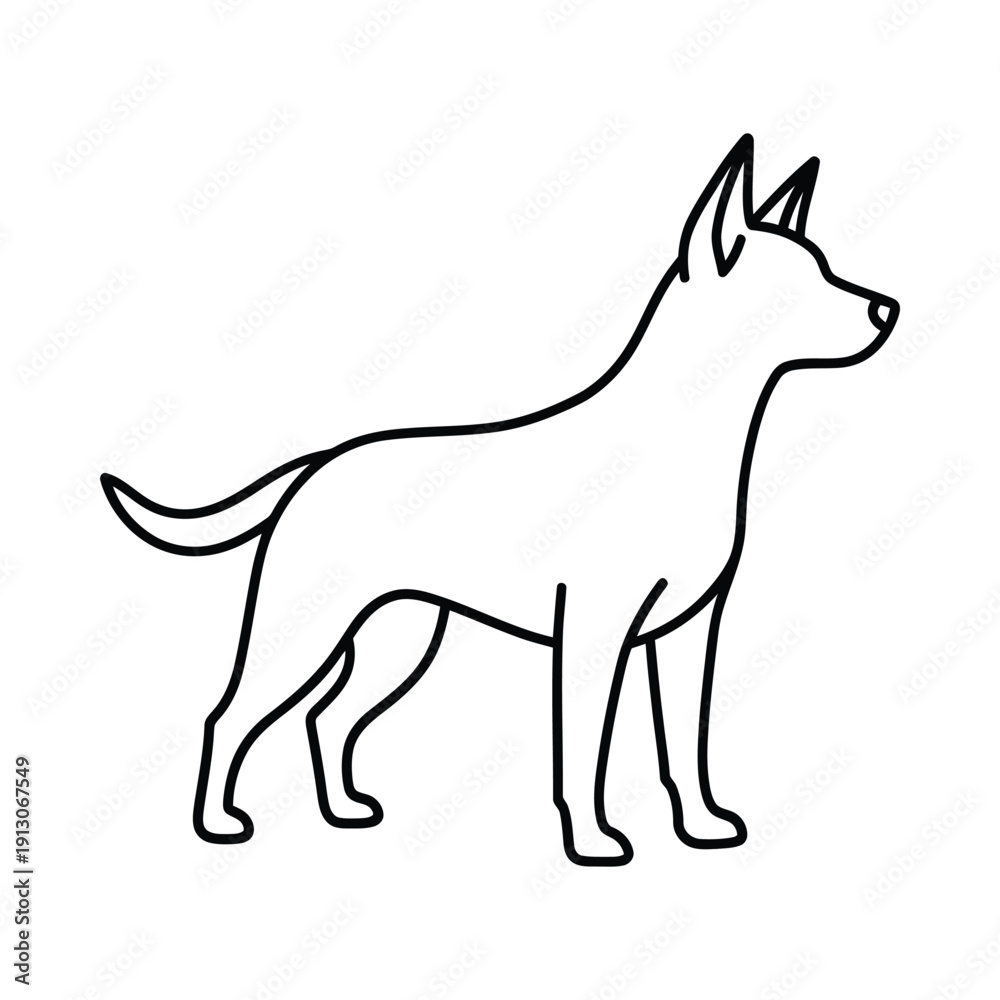 Fototapeta premium Detailed line art illustration of a standing dog in profile view with pointed ears and tail on white background