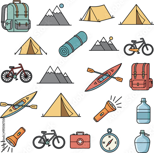Camping and Adventure Travel Vector Icon Set with Backpack Tent Kayak Bicycle and Outdoor Equipment Collection