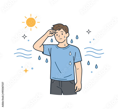 Sweating in warm weather. A person standing under a sun icon with gentle droplets and airflow lines around them. The mood feels realistic,