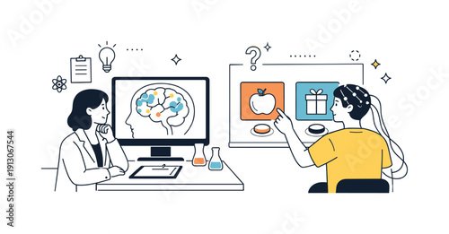 Neuroscience Decision Study. Scientific study of decisions. A researcher calmly observing a simplified brain scan on a screen while a subject makes a choice