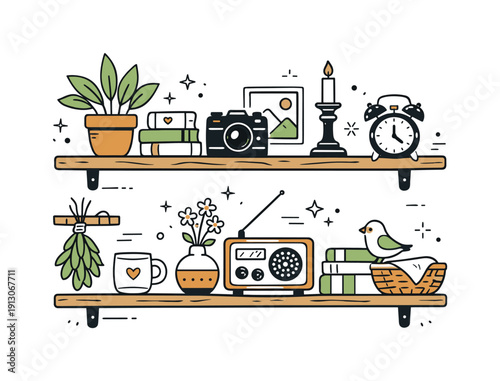 Rustic home decor. Wooden shelves with books, plants, and vintage objects, balanced and cozy composition. Gentle editorial mood