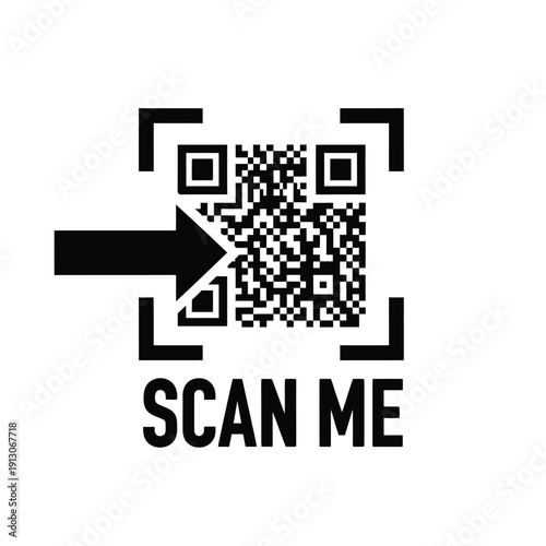 Vector illustration icon black qr code with scan me text and arrow