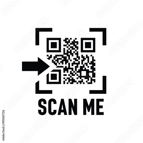 Vector illustration icon black qr code with scan me text and arrow