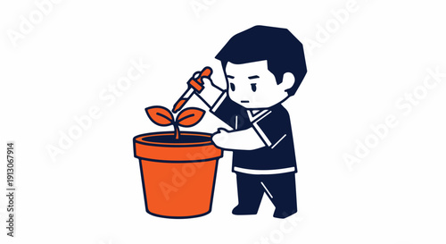Adorable stylized character carefully nurturing a young plant in a terracotta pot with a dropper, representing concepts of growth, learning, and environmental care.