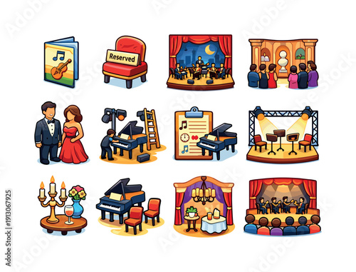 Classical Music Event. Colorful isometric vector icons set of Classical Music Event: concert program booklet, reserved seating sign, evening