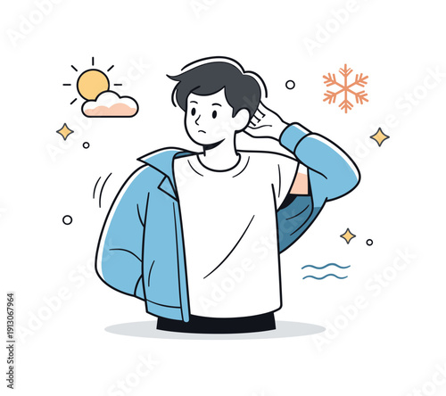   Light jackets season transition. A person half-wearing a jacket, one arm in the sleeve, pausing mid-motion. The scene suggests changing