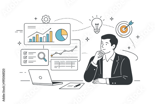 Technology-driven decision making. A manager analyzing data charts and reports on digital screens, thoughtful and calm posture. Abstract