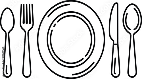 Dining Place Setting Icon with Plate Fork Knife and Spoons for Restaurant Menu and Catering Service Design Isolated