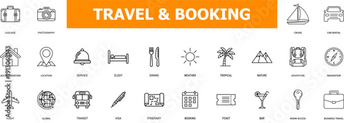 Travel and booking icons set for vacation planning and tourism services with suitcase camera hotel and transport symbols