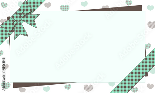 チョコミントカラーのハートとチェック柄リボンのメッセージカード・フレームセット（バレンタイン・誕生日）