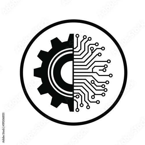 Vector illustration icon black and white icon of a gear and circuit board combined in a circular frame
