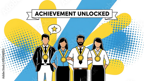Successful Diverse Business Team Wearing Gold Medals with Achievement Unlocked Banner