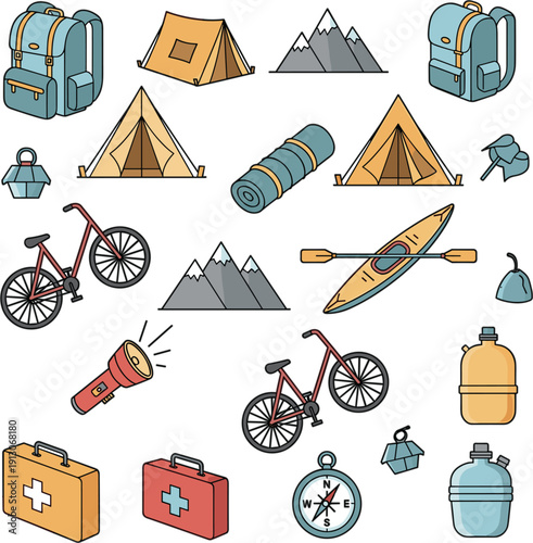 Outdoor Camping Adventure Vector Icon Set with Tent Backpack Bicycle Kayak Mountains and Travel Equipment Collection