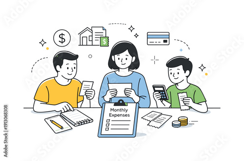 Monthly expenses review. Family at a table comparing receipts and notes, relaxed and focused discussion. Simple visual balance between