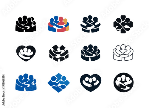    group hug. Icon set. Set Logo of group hug: connected arms. harmonious logo variations of the same emblematic concept, each with different