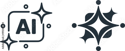 Minimalist black line art AI badge and geometric four point star symbols for artificial intelligence software integration and smart features