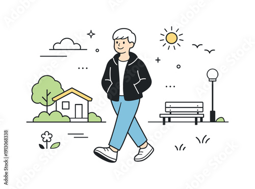 Gray hair everyday normality outdoors. A silver-haired person walks through a neighborhood or park, hands in pockets, enjoying an ordinary