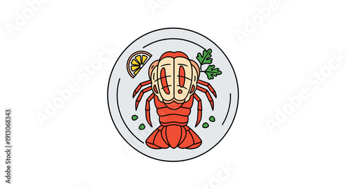 An overhead view of a cooked lobster tail is presented on a white plate with a lemon wedge and parsley, Generative AI.