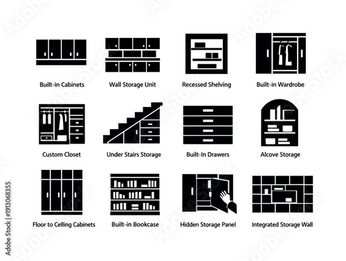 Built-in storage. Solid icon set of built-in storage: built-in cabinets, wall storage unit, recessed shelving, built-in wardrobe, custom