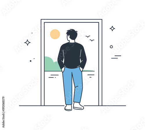    People framed by doorways. Someone standing inside a doorway looking outward, hands in pockets, posture relaxed. A quiet moment of