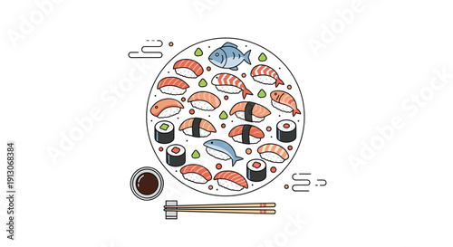 A circular arrangement of various sushi and sashimi pieces including nigiri maki chopsticks and soy sauce, Generative AI.