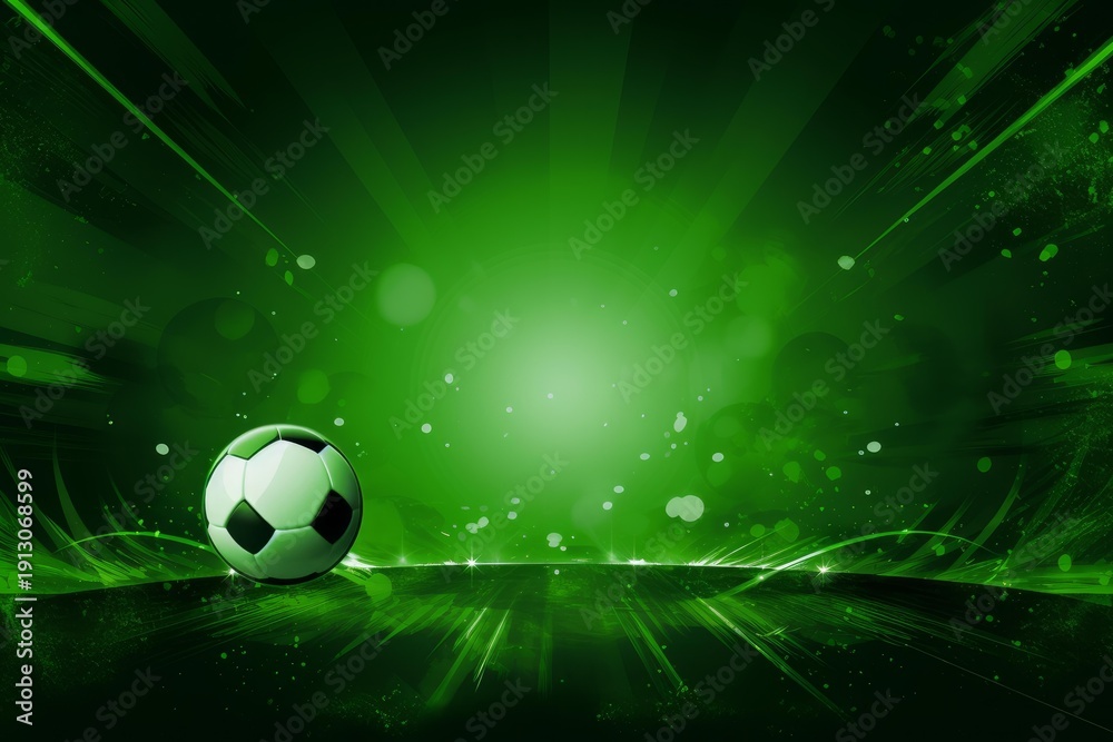 Naklejka premium Soccer ball resting on a glowing green abstract surface with dynamic light effects
