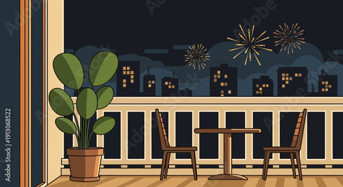 Balcony View of Fireworks Display over Cityscape.