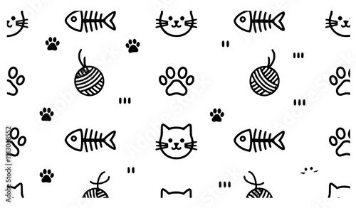 Hand Drawn Black and White Cat Seamless Pattern with Paw Prints Fish Bones and Yarn Vector