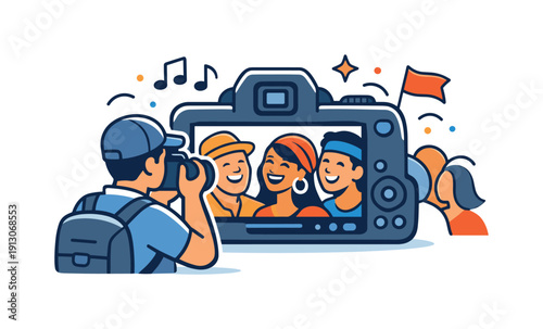 A photographer capturing a candid moment during a cultural event a calm editorial moment of a camera pointed toward expressive faces in a