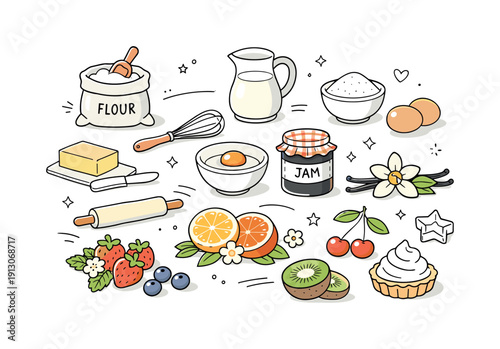    Spring dessert ingredients. Fresh fruits, berries and light baking elements arranged neatly on a clean surface, airy and joyful seasonal