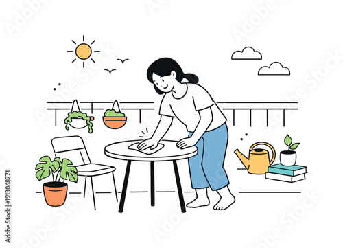    Balcony tidying rituals. A person wipes a small table or straightens items on a balcony, surrounded by light and air. The scene conveys