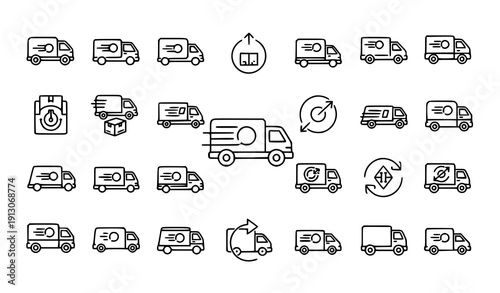 Outline fast delivery truck and logistics line icon set