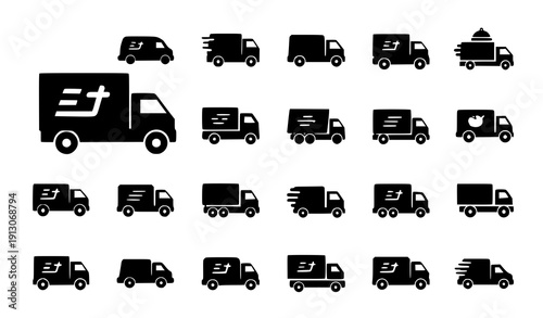 Solid glyph fast delivery truck and shipping icon collection