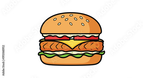 Cartoon fish burger with a breaded patty cheese fresh tomato slices and crisp lettuce served on a sesame seed bun, Generative AI.
