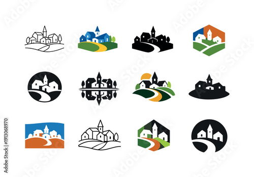 Town. Icon set. Set Logo of Town: minimalist village map icon. harmonious logo variations of the same emblematic concept, each with different