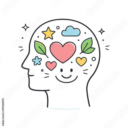 Raising mental health awareness. A simple human head outline filled with calm symbols like hearts, leaves, and stars, expressing care,