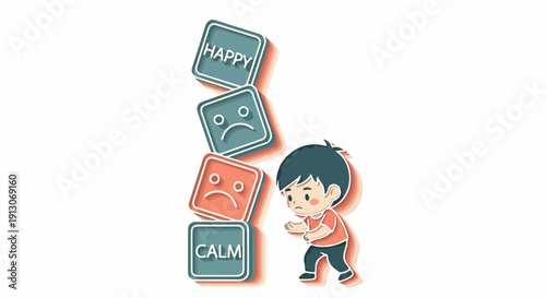 Child struggling to balance stacked blocks representing emotions like happy, sad, and calm, illustrating emotional regulation challenges
