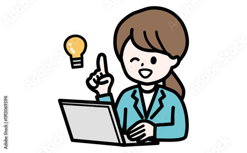 SaaSの便利な機能をPCで発見し紹介する女性のイラスト。最新テックやITサービスの活用イメージ。