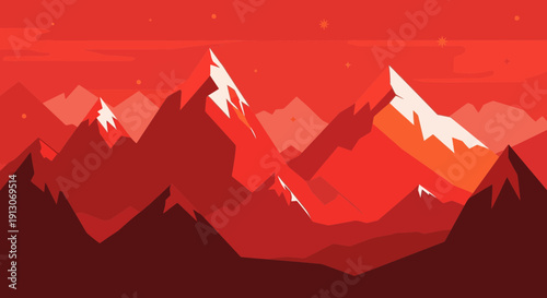 Mountain Peaks Illustration with Red Sky.