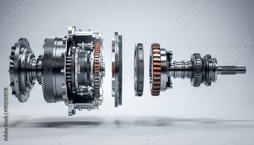 Exploded view of a mechanical gearbox showing internal gears and components in a well-lit setting