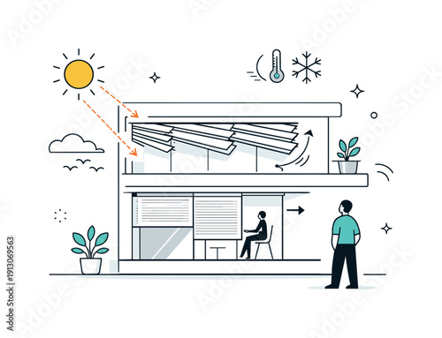   Bioclimatic facade solar control. A facade scene with adjustable louvers and sun screens reacting to sunlight, suggesting passive cooling and