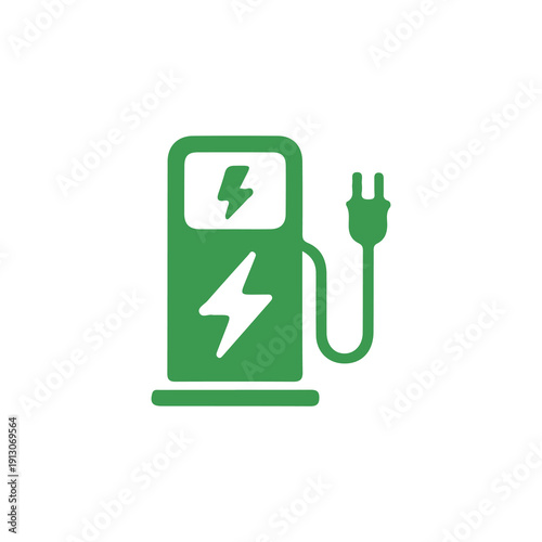 Green ev charging station icon with plug and lightning symbols