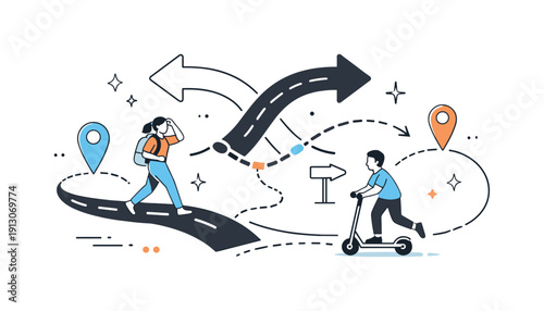    GPS rerouting metaphors. Abstract editorial scene with road arrows, location pins, and soft broken lines reconnecting. Navigating detours