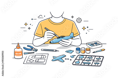 Scale model workshop. A calm editorial scene with tools, glue, and model pieces neatly arranged as a person works step by step. Minimalist