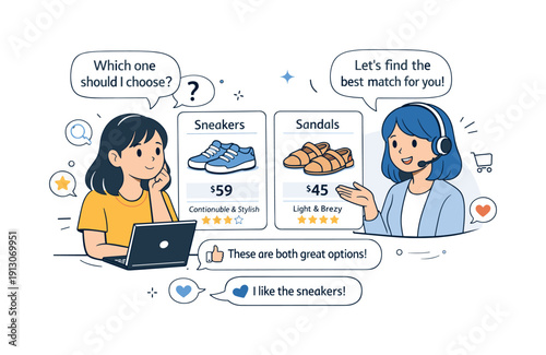 Digital Shopping Assistance. Virtual shopping assistants. Friendly digital assistant helping a customer choose products online, calm supportive interaction and